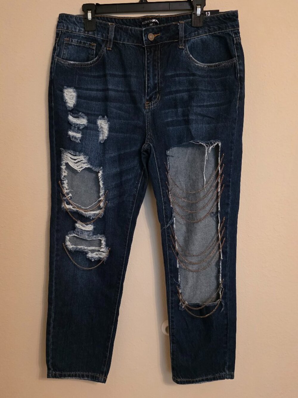 Fashion Nova Distressed Jeans with Chain Detail Size 13 NWT